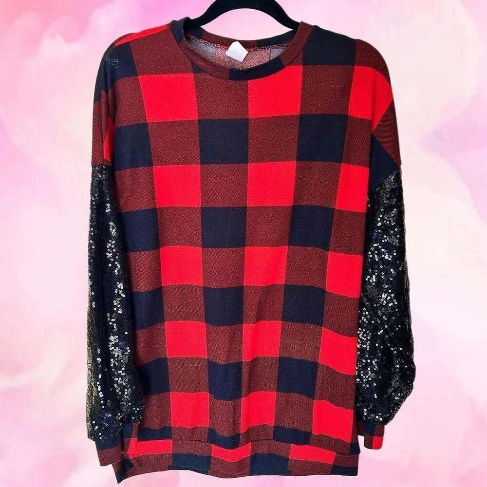 Sunshine & Rodeos Buffalo Check Sequin Sleeve Sweater